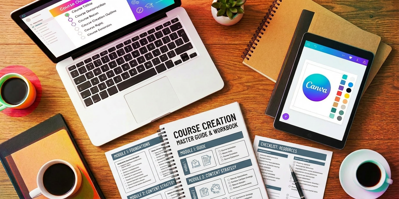 Course creation workbook and laptop
