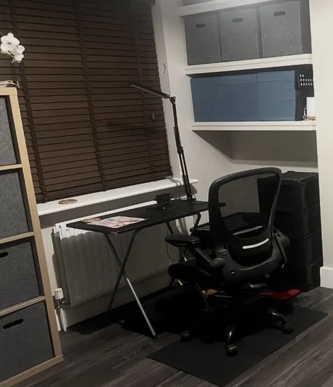 Home office desk and chair set up for remote work