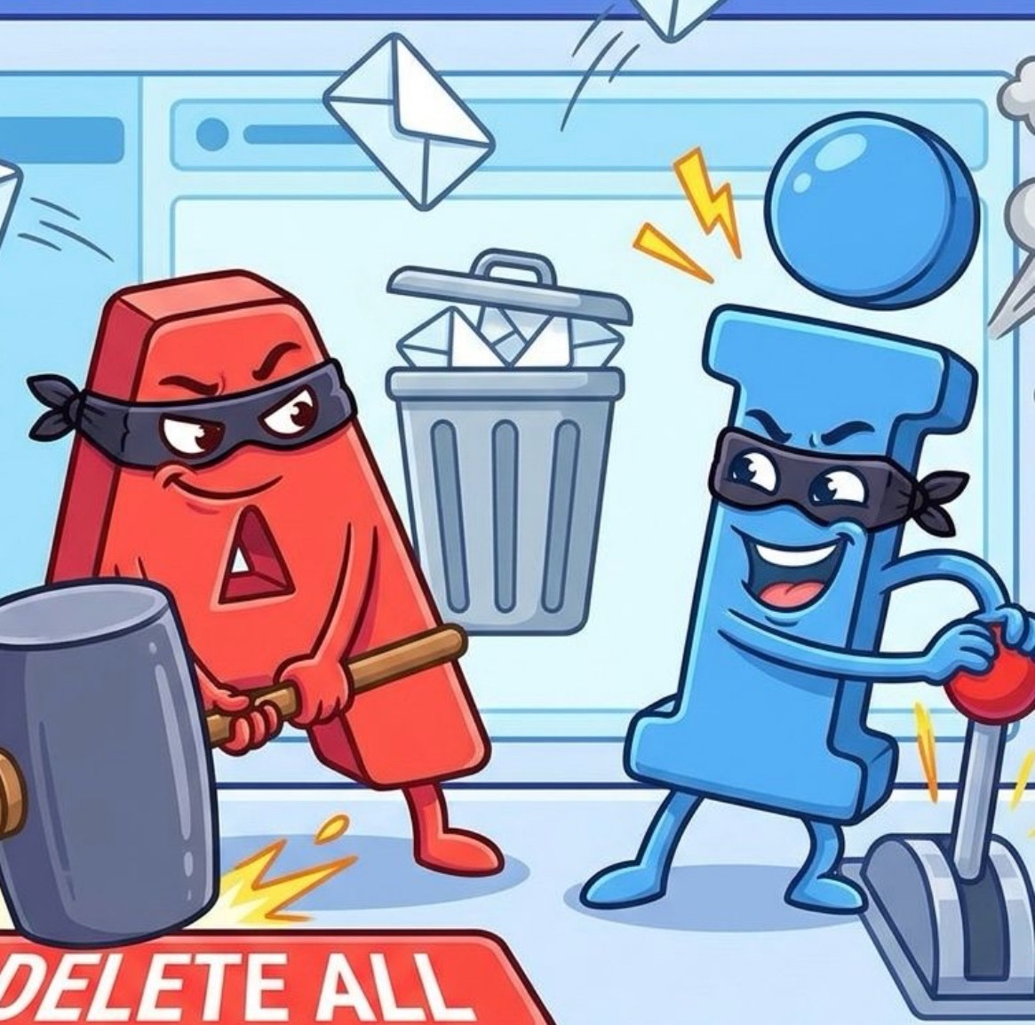 Cartoon characters deleting and sorting through emails