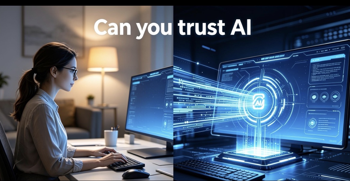 Can you trust AI graphic showing a person at a computer beside a futuristic AI display